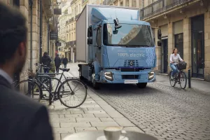 Renault Trucks E-Tech D 14t in a city center passing by a french bistrot