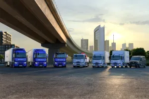 Renault Trucks E-TECH 2025 range poster without the Kleuster cargo bike and without Renault Trucks E-Tech Trafic, featuring vehicles in launch colours, with Renault Trucks E-Tech D 12 / D 14 and Renault Trucks E-Tech T 780.